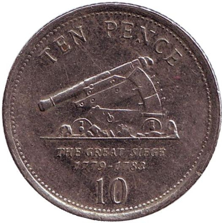 Монета 10 пенсов. 2007 год, Гибралтар. Большая осада Гибралтара. Пушка.