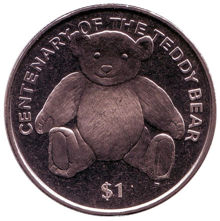 Монета 1 доллар. 2002 год, Британские Виргинские острова. 100 лет плюшевому мишке.