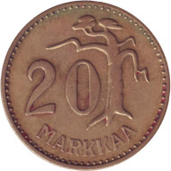 Монета 20 марок. 1958 год, Финляндия. Монета 20 марок. 1958 год, Финляндия.