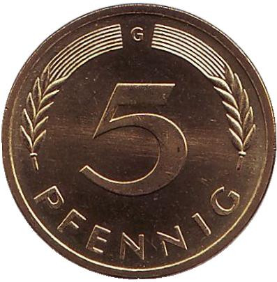 Монета 5 пфеннигов. 1979 год (G), ФРГ. UNC. Дубовые листья.