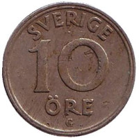 Монета 10 эре. 1940 год, Швеция. (Никелевая бронза)