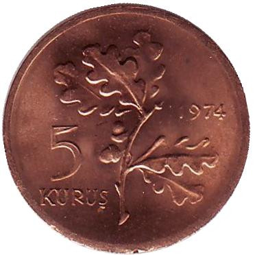 Монета 5 курушей. 1974 год, Турция. UNC. Дубовая ветвь.