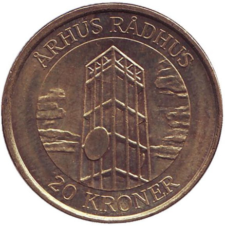 Монета 20 крон. 2002 год, Дания. Башня Ратуши в Орхусе.