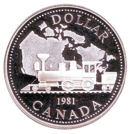 Монета 1 доллар. 1981 год, Канада. Proof. 100 лет Трансконтинентальной железной дороге.