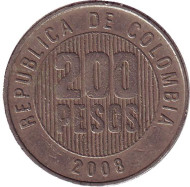 Монета 200 песо. 2008 год, Колумбия. Монета 200 песо. 2008 год, Колумбия.