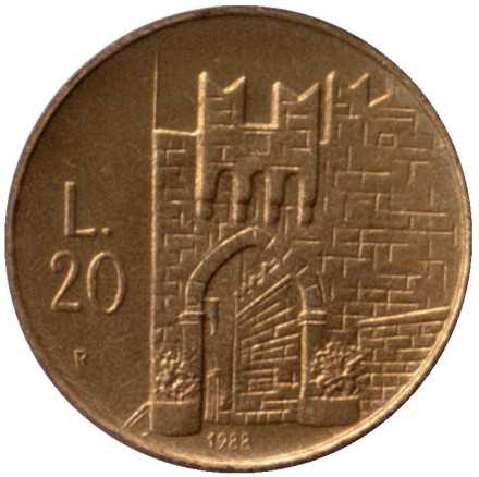 Монета 20 лир. 1988 год, Сан-Марино. Фортификация. Театральные ворота.