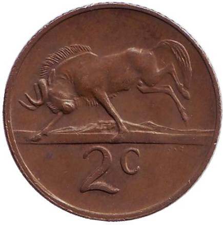 Монета 2 цента. 1978 год, Южная Африка. Белохвостый гну.