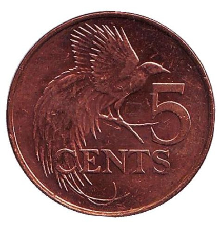 Монета 5 центов. 2010 год, Тринидад и Тобаго. Райская птица.