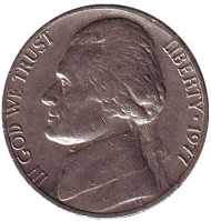 Монета 5 центов. 1977 год, США. Джефферсон. Монтичелло. Монета 5 центов. 1977 год, США. Джефферсон. Монтичелло.