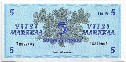 Банкнота 5 марок. 1963 год, Финляндия. aUNC. P-106Aa(8).