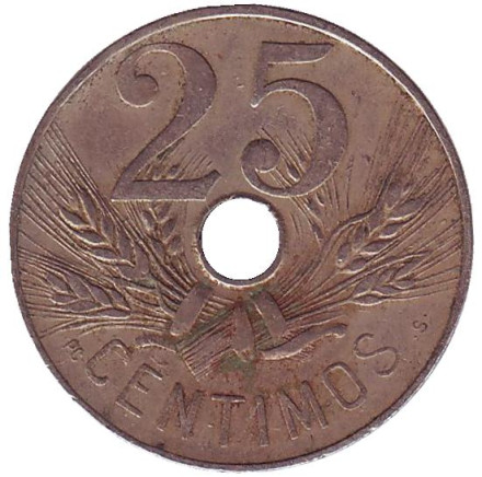 Монета 25 сантимов. 1927 год, Испания.