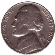 Монета 5 центов. 1969 год (D), США. Джефферсон. Монтичелло. Монета 5 центов. 1969 год (D), США. Джефферсон. Монтичелло.