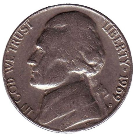 Монета 5 центов. 1969 год (D), США. Джефферсон. Монтичелло.