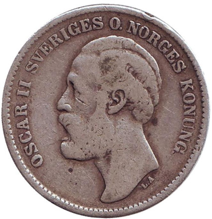 Монета 2 кроны. 1876 год, Швеция. Король Оскар II.