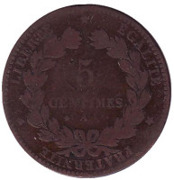 Монета 5 сантимов. 1872 год (A), Франция.