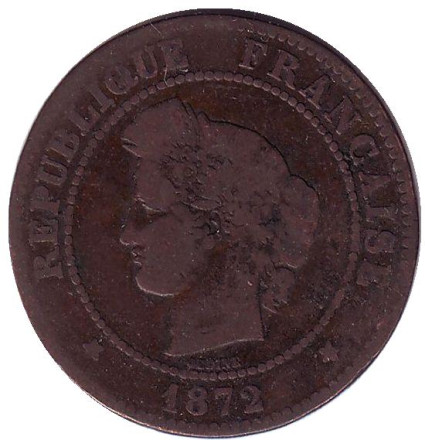 Монета 5 сантимов. 1872 год (A), Франция.