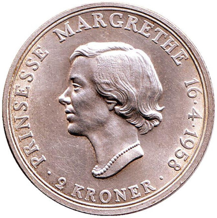 Монета 2 кроны. 1958 год, Дания. 18 лет принцессе Маргрете.