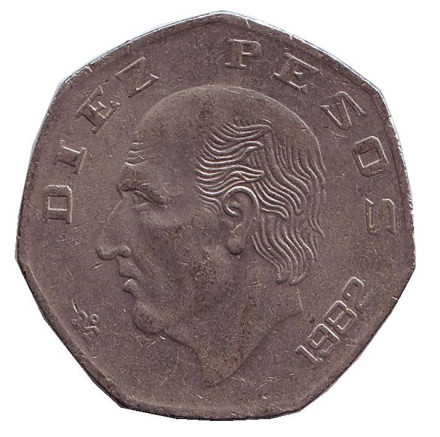 Монета 10 песо. 1982 год, Мексика. Мигель Идальго.
