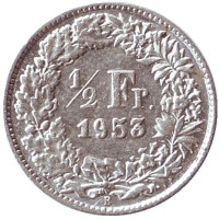 Монета 1/2 франка. 1953 год, Швейцария.