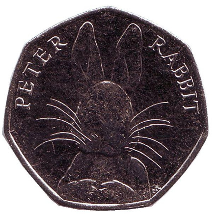 Монета 50 пенсов. 2016 год, Великобритания. Кролик Питер. 150 лет со дня рождения Беатрис Поттер.