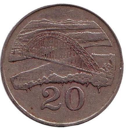 Монета 20 центов. 1987 год, Зимбабве. Мост Бэтченоу.