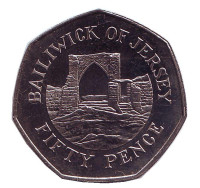 Замок Гросне. Монета 50 пенсов, 2005 год, Джерси. 