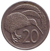 Монета 20 центов. 1976 год, Новая Зеландия. Киви (птица). Монета 20 центов. 1976 год, Новая Зеландия. Киви (птица).