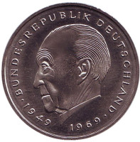 Конрад Аденауэр. Монета 2 марки. 1979 год (G), ФРГ. UNC.