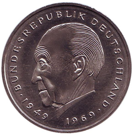 Монета 2 марки. 1979 год (G), ФРГ. UNC. Конрад Аденауэр.