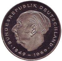 Теодор Хойс. Монета 2 марки. 1984 год (J), ФРГ. UNC.