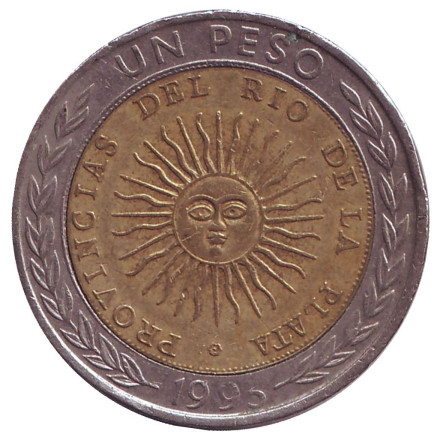 Монета 1 песо. 1995 год, Аргентина. ("B", Правильная надпись)