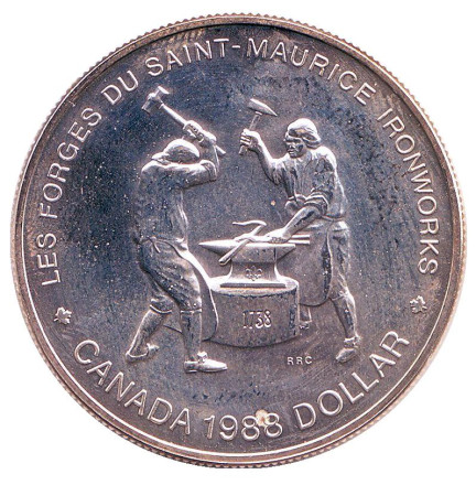 Монета 1 доллар. 1988 год, Канада. BU. 250 лет кузницам Сен-Мориса.