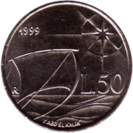 Монета 50 лир. 1999 год, Сан-Марино. Древнее море. Монета 50 лир. 1999 год, Сан-Марино. Древнее море.