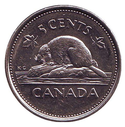 Монета 5 центов. 2002 год, Канада. 50 лет правления Королевы Елизаветы II. Бобр.