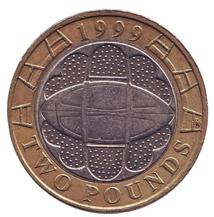 Монета 2 фунта. 1999 год, Великобритания. Чемпионат мира по регби.