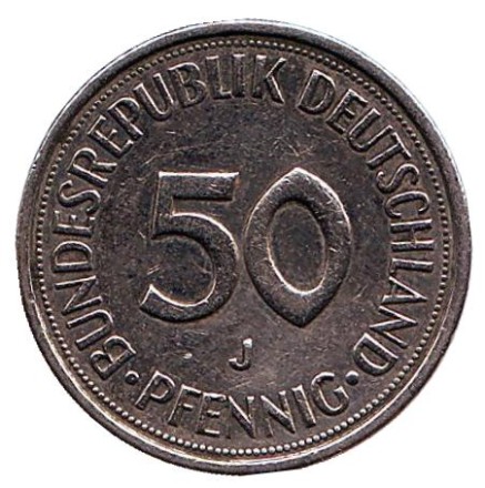 Монета 50 пфеннигов. 1982 год (J), ФРГ. Женщина, сажающая дуб. Монета 50 пфеннигов. 1982 год (J), ФРГ. Женщина, сажающая дуб.