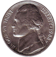 Монета 5 центов. 1988 год (P), США. Джефферсон. Монтичелло. Монета 5 центов. 1988 год (P), США. Джефферсон. Монтичелло.