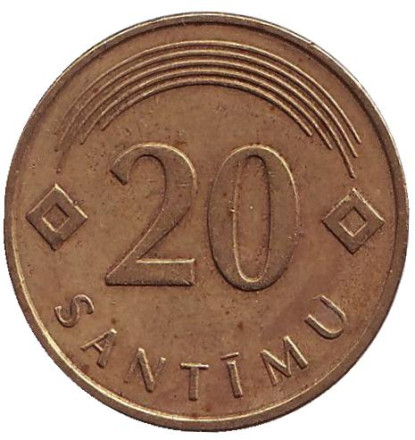 Монета 20 сантимов, 2009 год, Латвия. Из обращения.