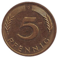 Дубовые листья. Монета 5 пфеннигов. 1994 год (G), ФРГ. 