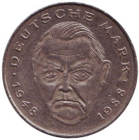 Людвиг Эрхард. Монета 2 марки. 1990 год (F), ФРГ. 