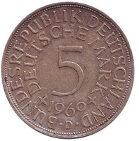 Монета 5 марок. 1969 год (D), ФРГ.