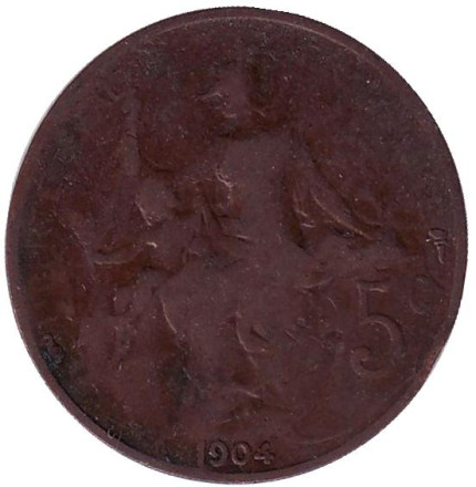 Монета 5 сантимов. 1904 год, Франция.