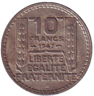 Монета 10 франков. 1947-B год, Франция. (Старый тип - большая голова. Короткие ветви) Монета 10 франков. 1947-B год, Франция. (Старый тип - большая голова. Короткие ветви)