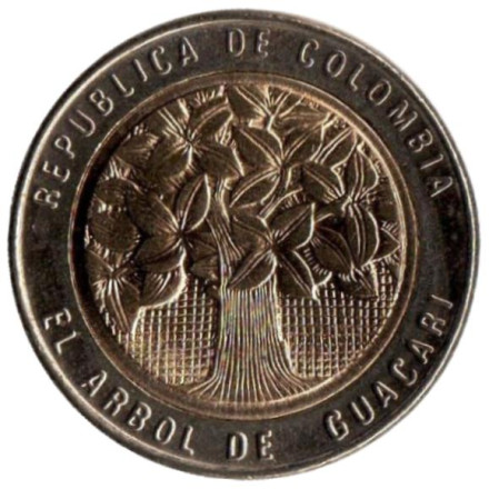 Монета 500 песо. 2005 год, Колумбия. Цветущее дерево гуакари.