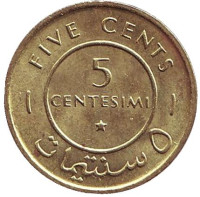 Монета 5 чентезимо. 1967 год, Сомали. UNC