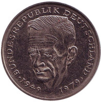 Курт Шумахер. Монета 2 марки. 1979 год (G), ФРГ. UNC.