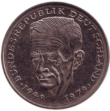 Монета 2 марки. 1979 год (G), ФРГ. UNC. Курт Шумахер.