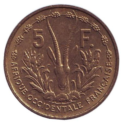 Монета 5 франков. 1956 год, Французская Западная Африка. Из обращения. Газель.