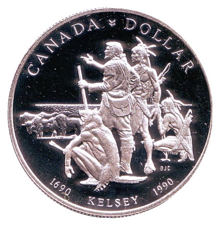 Монета 1 доллар. 1990 год, Канада. Proof. 300 лет путешествию Генри Келси.