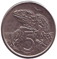 Монета 5 центов. 1982 год, Новая Зеландия. Гаттерия. Монета 5 центов. 1982 год, Новая Зеландия. Гаттерия.